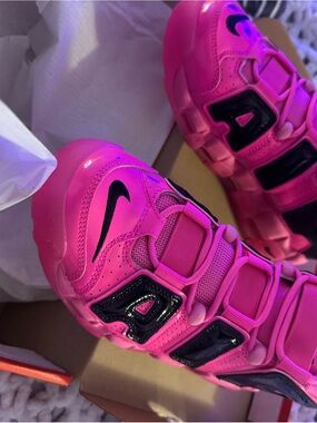 Nike Bright Pink and Black Air More Uptempo Sneakers